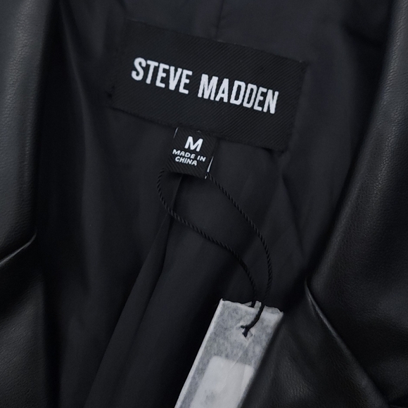 STEVE MADDEN Faux-Leather Frida Smocked Waist Jacket Black Size Medium - Picture 4 of 10